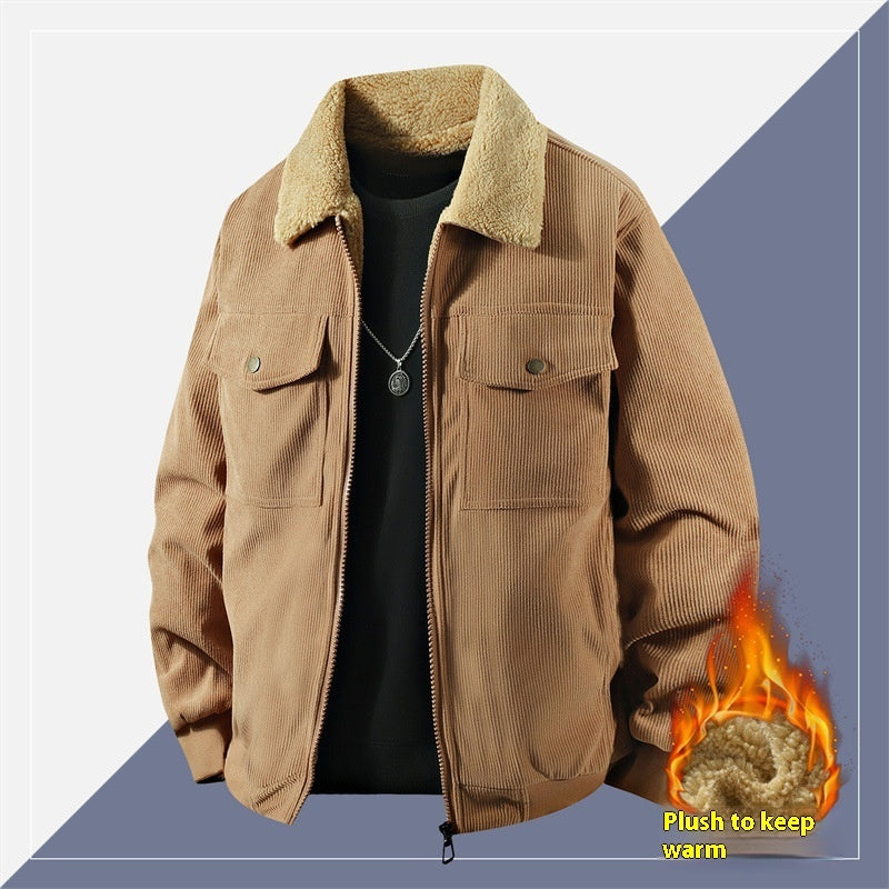 Fleece Corduroy Cotton Coat Jacket Men&#39;s Loose Casual Polo Collar Coat