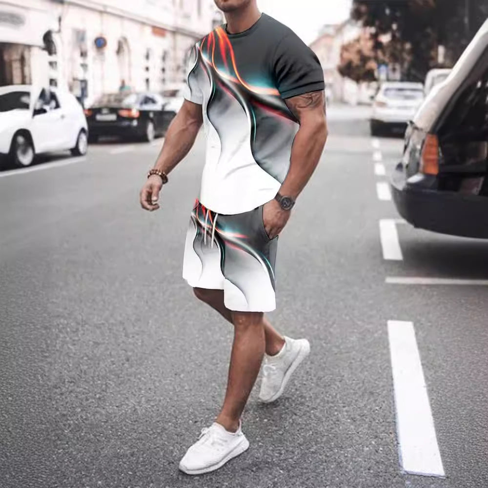 Men&#39;s Casual T-shirt Shorts Two-piece Printed Sportswear