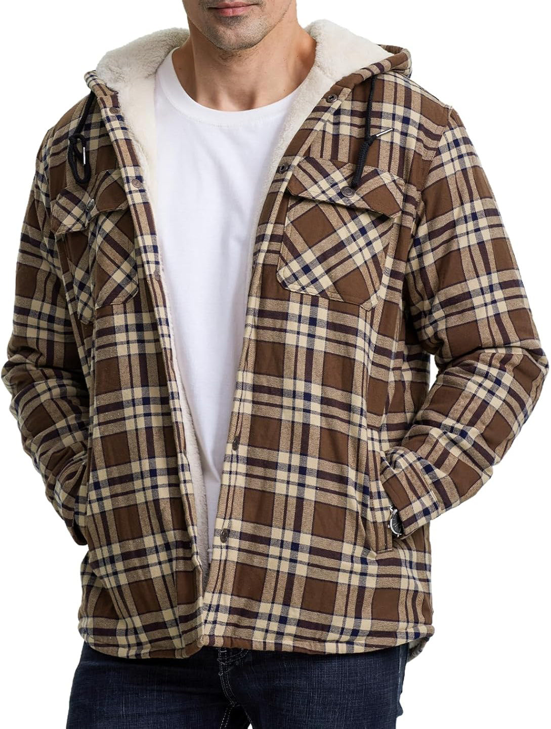 Fiorafashion Men’s Long Sleeve Hooded Plaid Coat – Fleece-Lined Winter Jacket for Casual &amp; Outdoor Wear