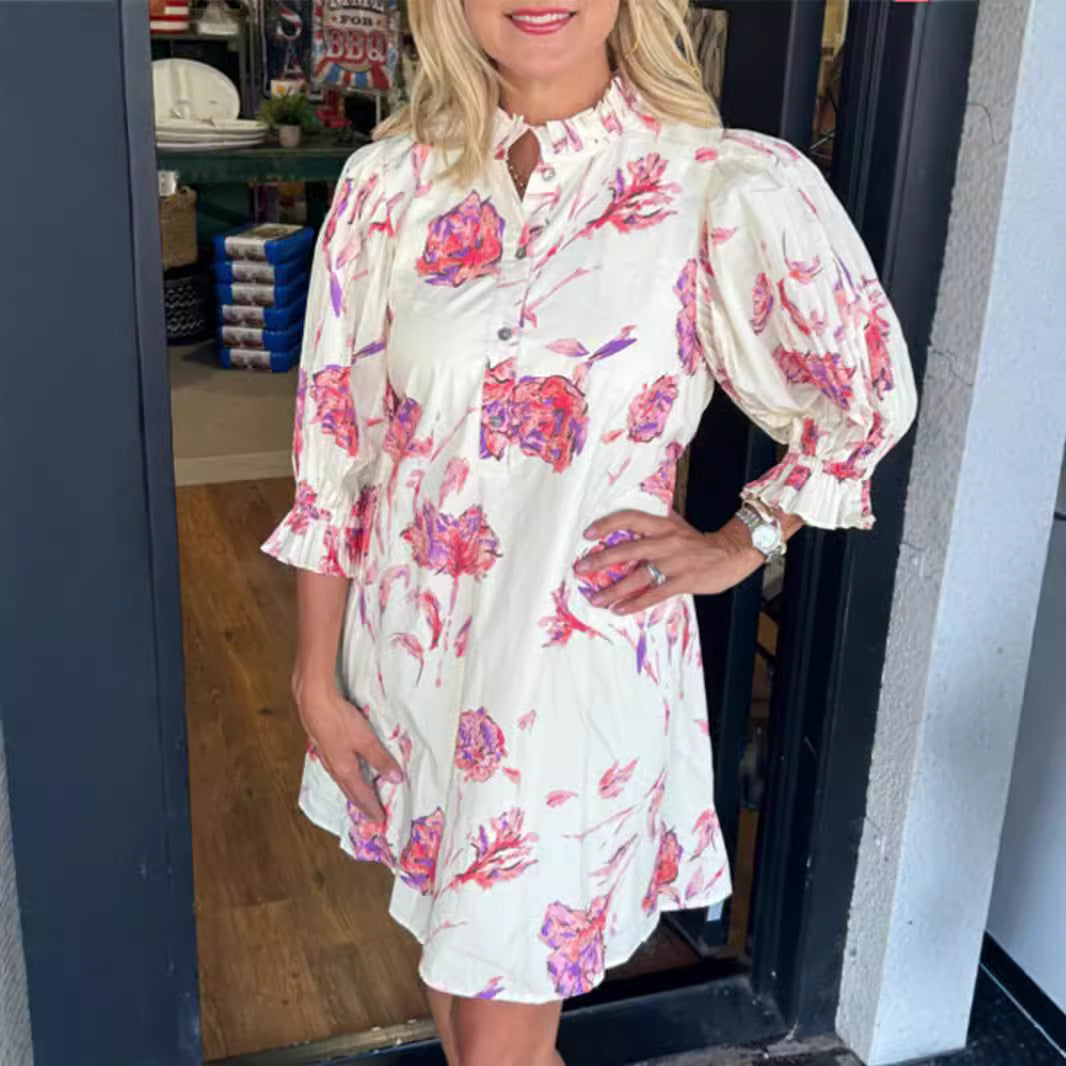 Floral Print Women Puff Sleeve Waist-controlled Lace-up Short Female Dress