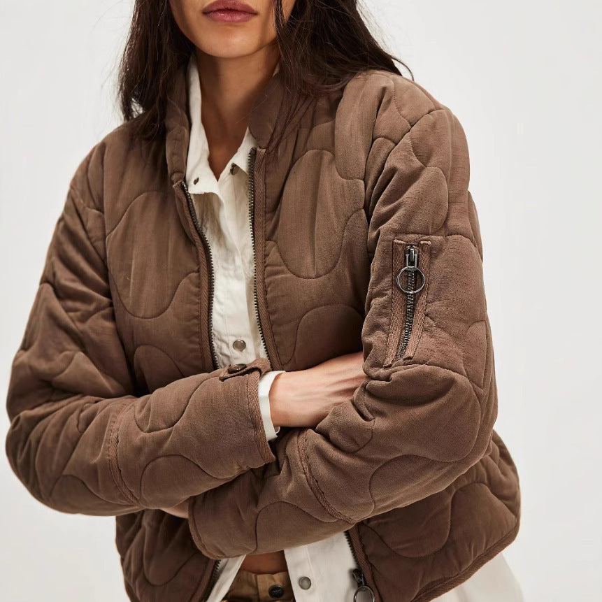 Women’s Quilted Cotton Jacket – Loose Fit Stand Collar Coat