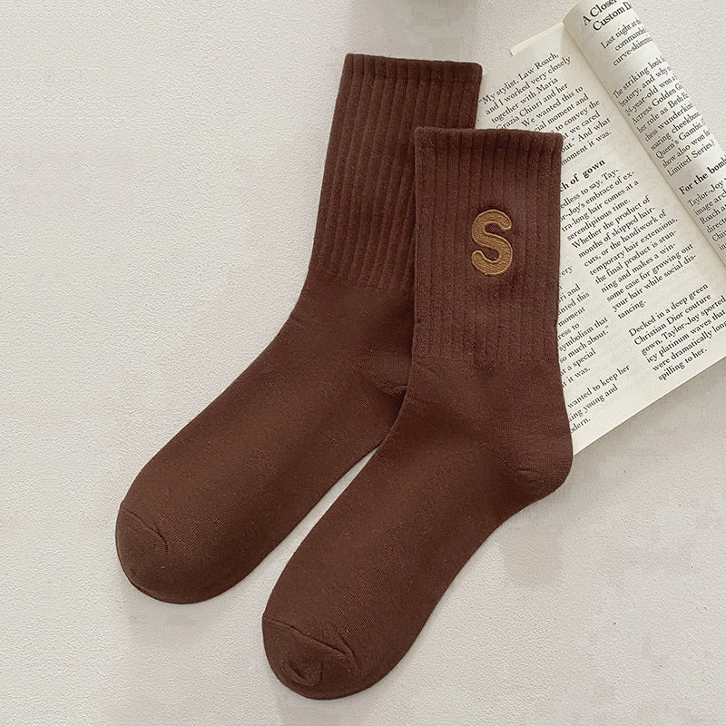 Women&#39;s Embroidered S-letter Cotton Sweat-absorbent Autumn And Winter Socks