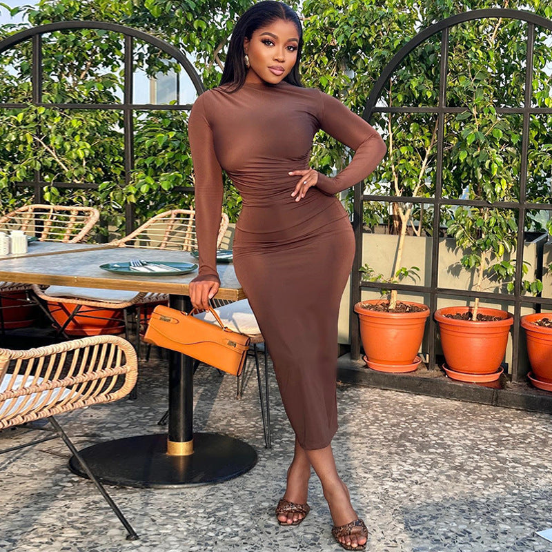 Women&#39;s Solid Color Round Neck Long Sleeve Pullover Dress