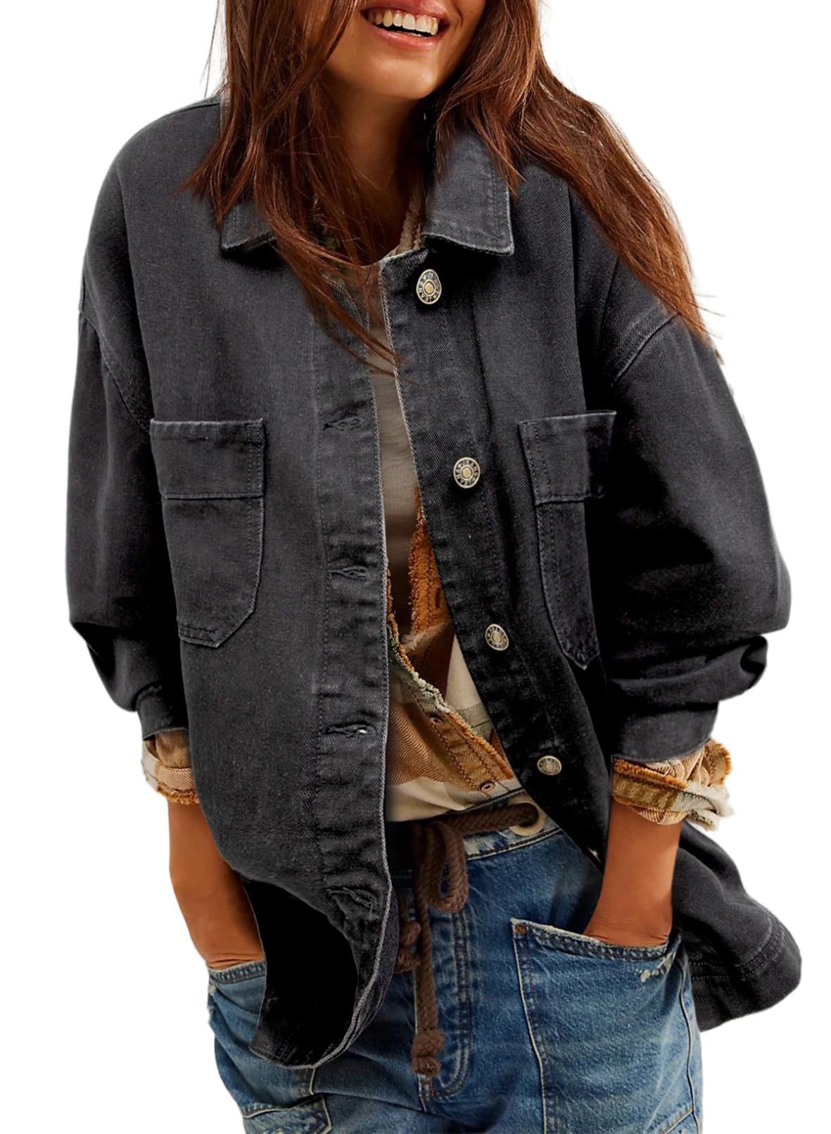 Women&#39;s Denim Jacket Large Pocket Button Long Sleeve Split Denim