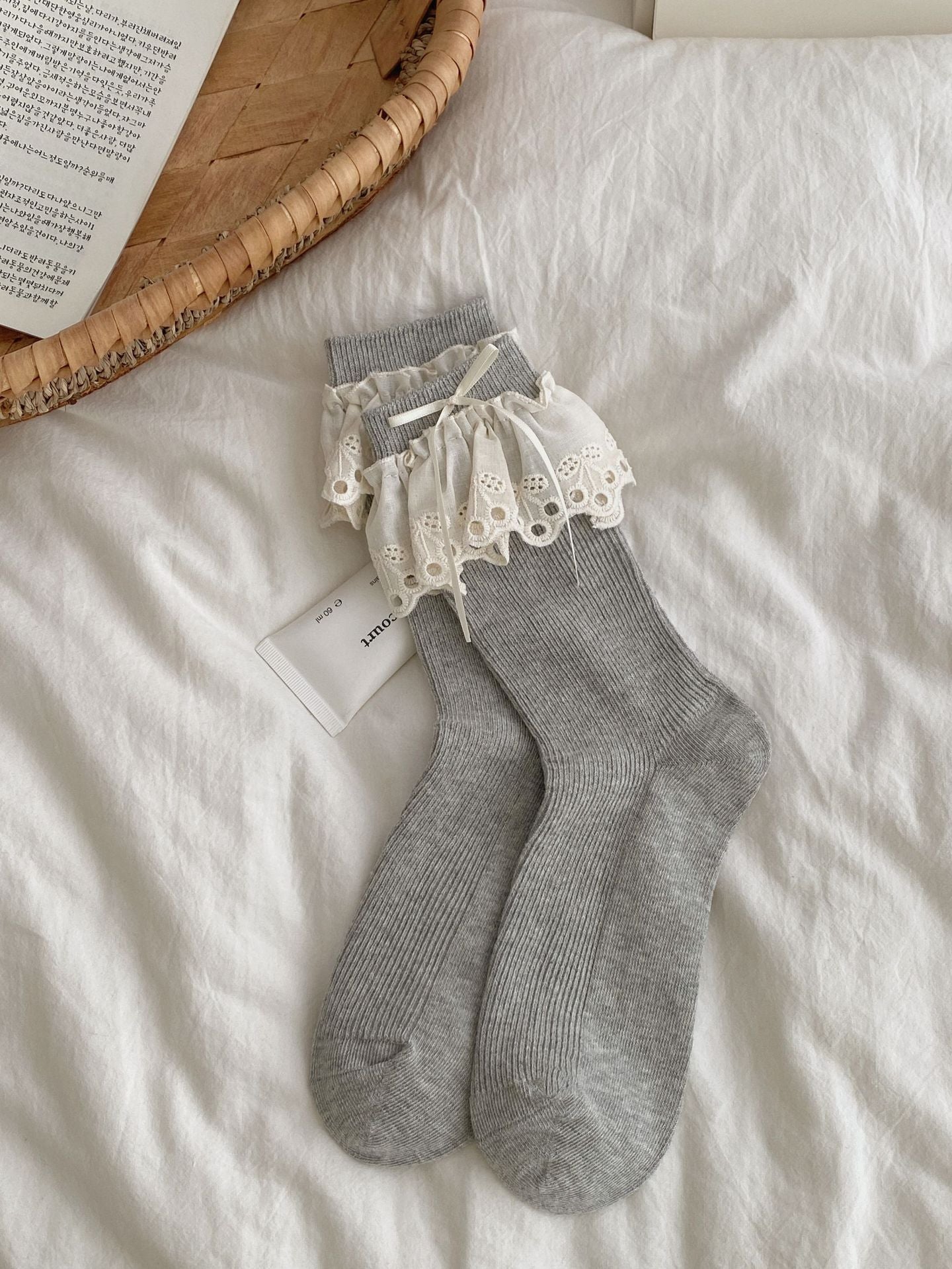 Ins Ballet Style Blogger Same Style Tube Socks Hollow Cherry Lace Bow Socks Japanese JK Girl Bunching Socks