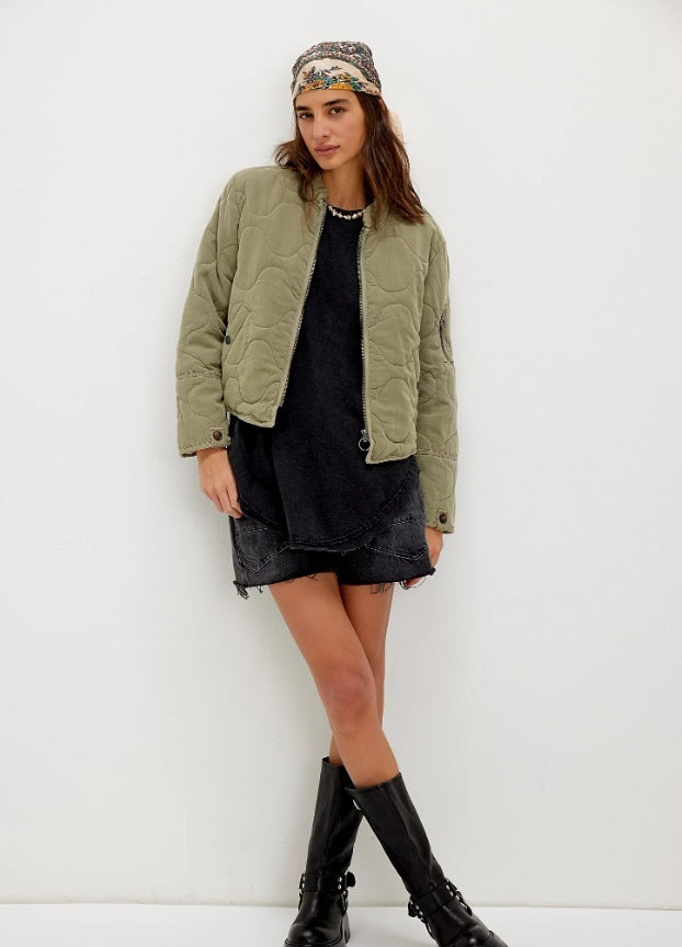 Women’s Quilted Cotton Jacket – Loose Fit Stand Collar Coat