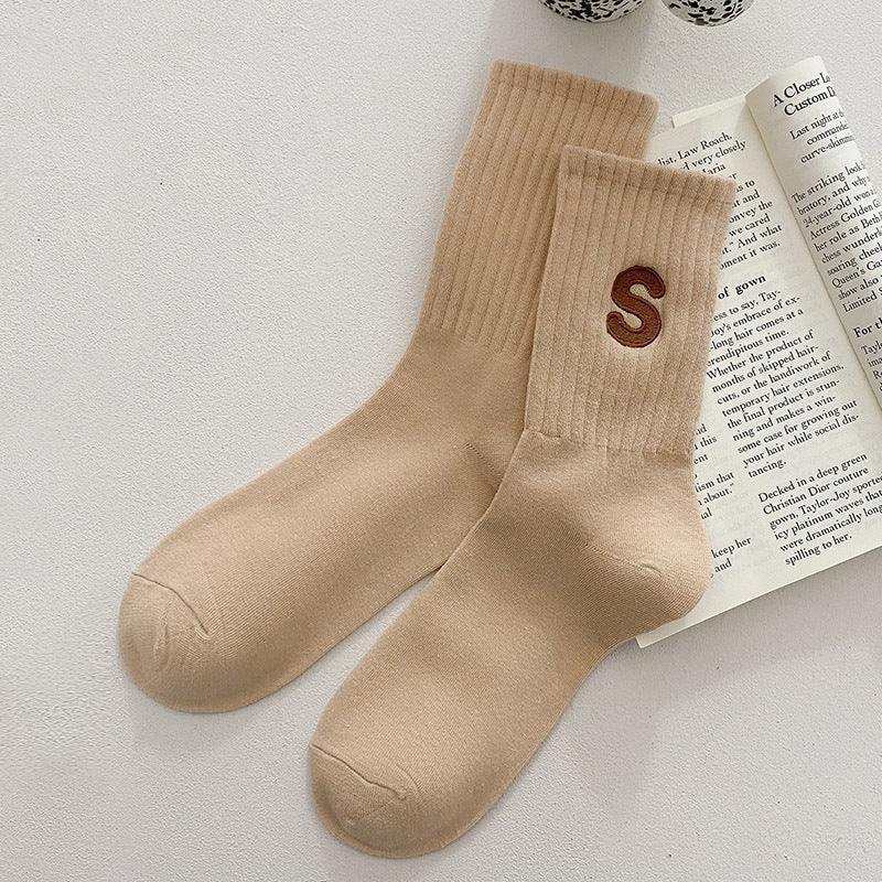 Women&#39;s Embroidered S-letter Cotton Sweat-absorbent Autumn And Winter Socks