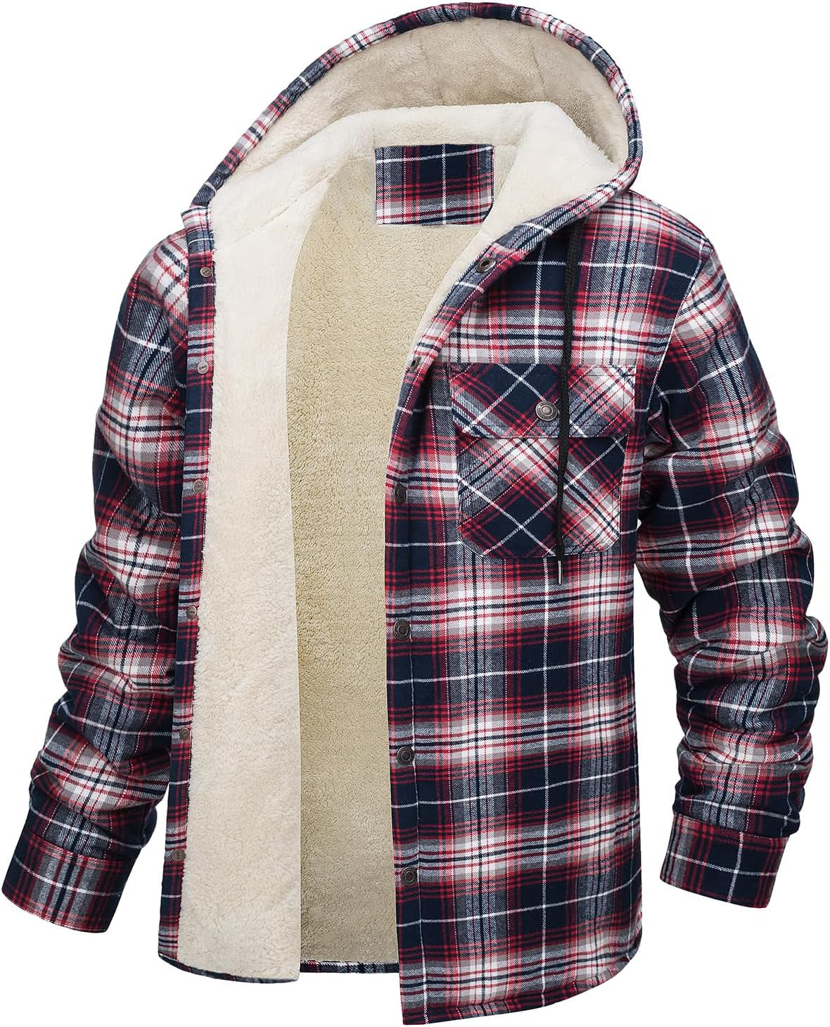 Fiorafashion Men’s Long Sleeve Hooded Plaid Coat – Fleece-Lined Winter Jacket for Casual &amp; Outdoor Wear