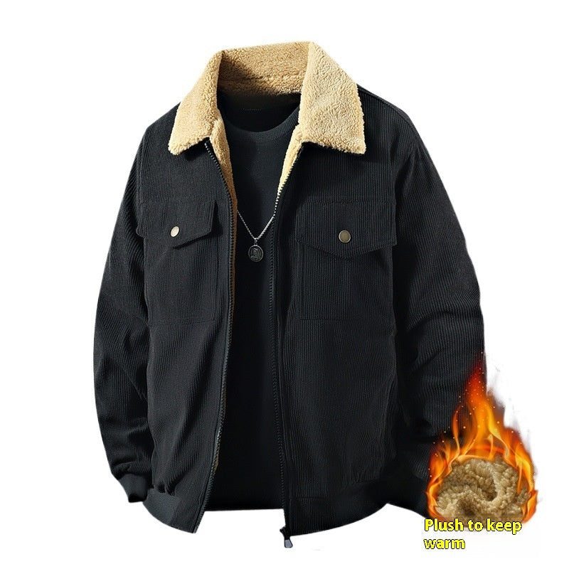 Fleece Corduroy Cotton Coat Jacket Men&#39;s Loose Casual Polo Collar Coat