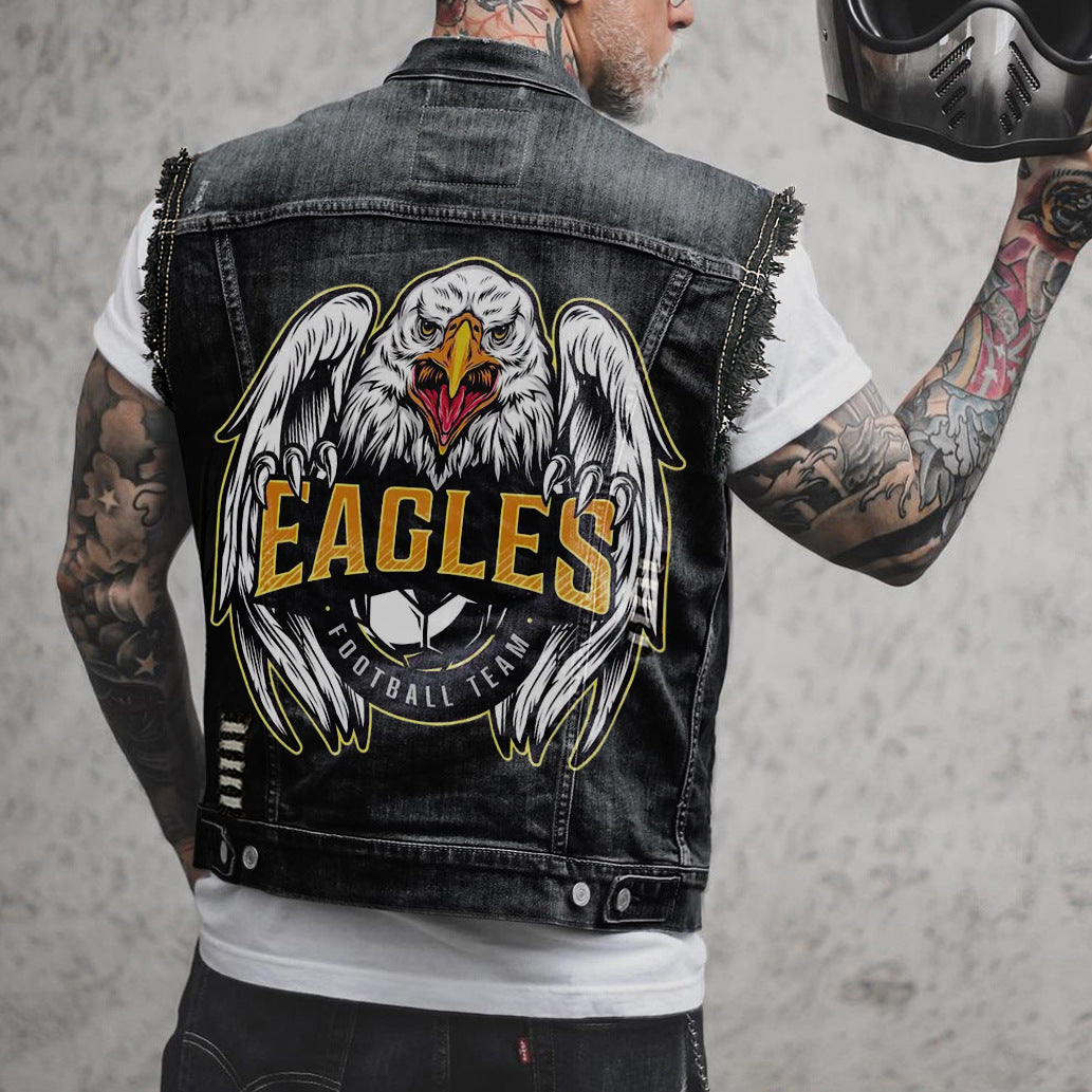 Eagle Print Street Denim Vest Coat