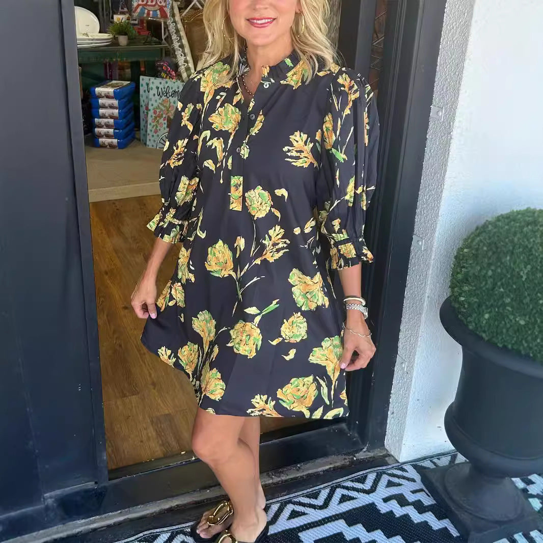 Floral Print Women Puff Sleeve Waist-controlled Lace-up Short Female Dress