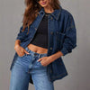 Women&#39;s Denim Jacket Large Pocket Button Long Sleeve Split Denim