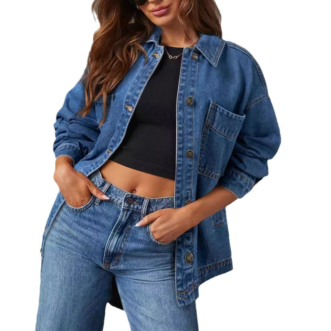 Women&#39;s Denim Jacket Large Pocket Button Long Sleeve Split Denim