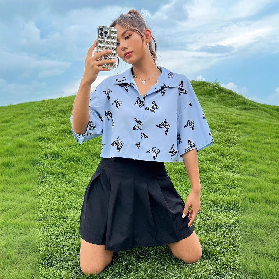 Fashion Butterfly Print Shirt Women's Clothing