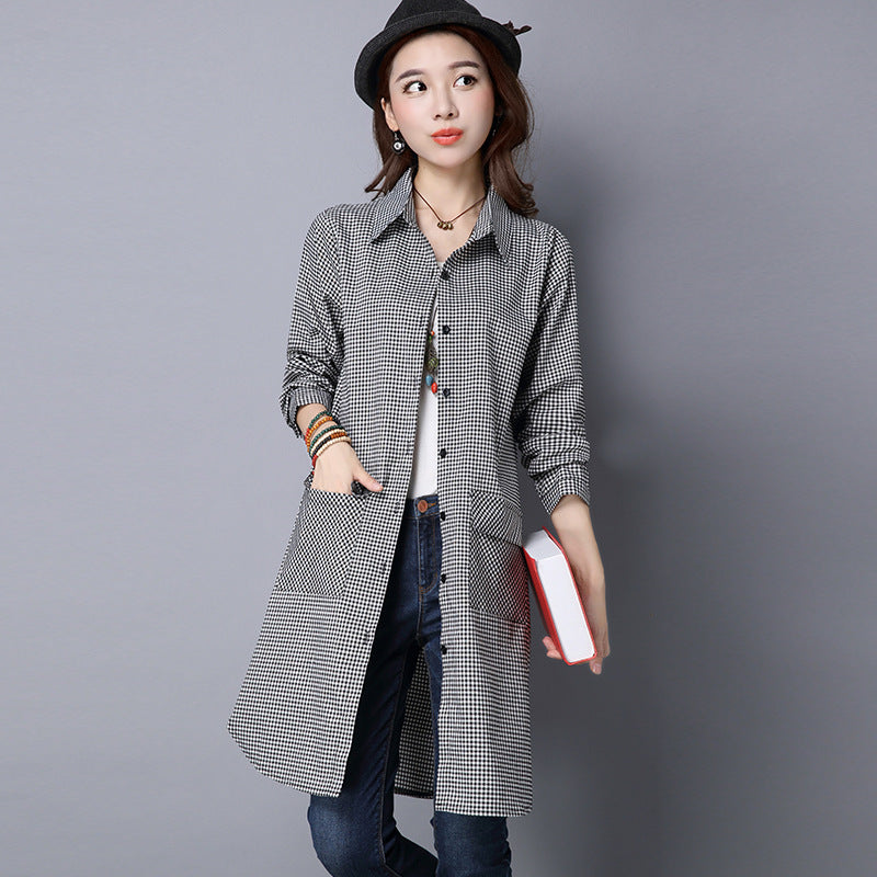 Long Sleeve Shirt Coat Cotton And Linen Plaid Loose Shirt Mid-length
