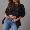 Women&#39;s Denim Jacket Large Pocket Button Long Sleeve Split Denim