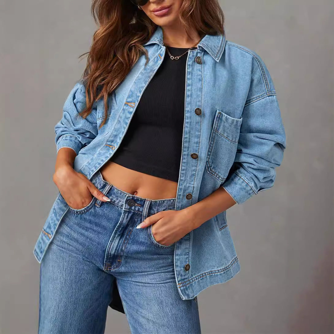 Women&#39;s Denim Jacket Large Pocket Button Long Sleeve Split Denim