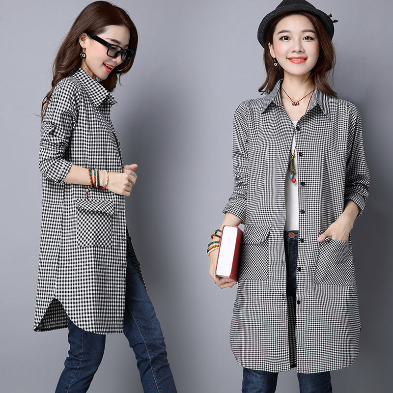 Long Sleeve Shirt Coat Cotton And Linen Plaid Loose Shirt Mid-length