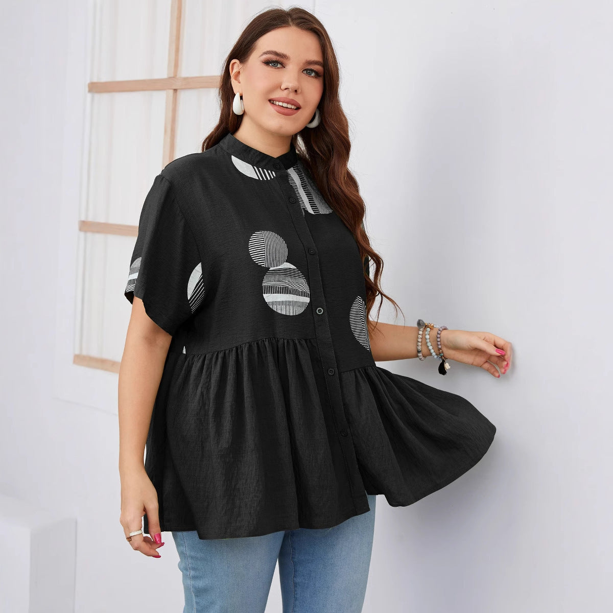 Women&#39;s Slim-fit Ruffled Short-sleeved Shirt