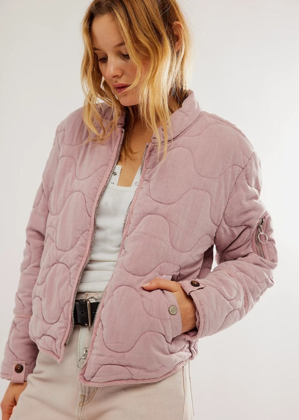 Women’s Quilted Cotton Jacket – Loose Fit Stand Collar Coat