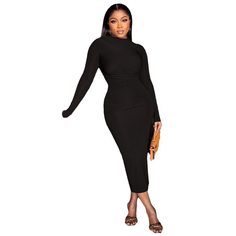 Women&#39;s Solid Color Round Neck Long Sleeve Pullover Dress