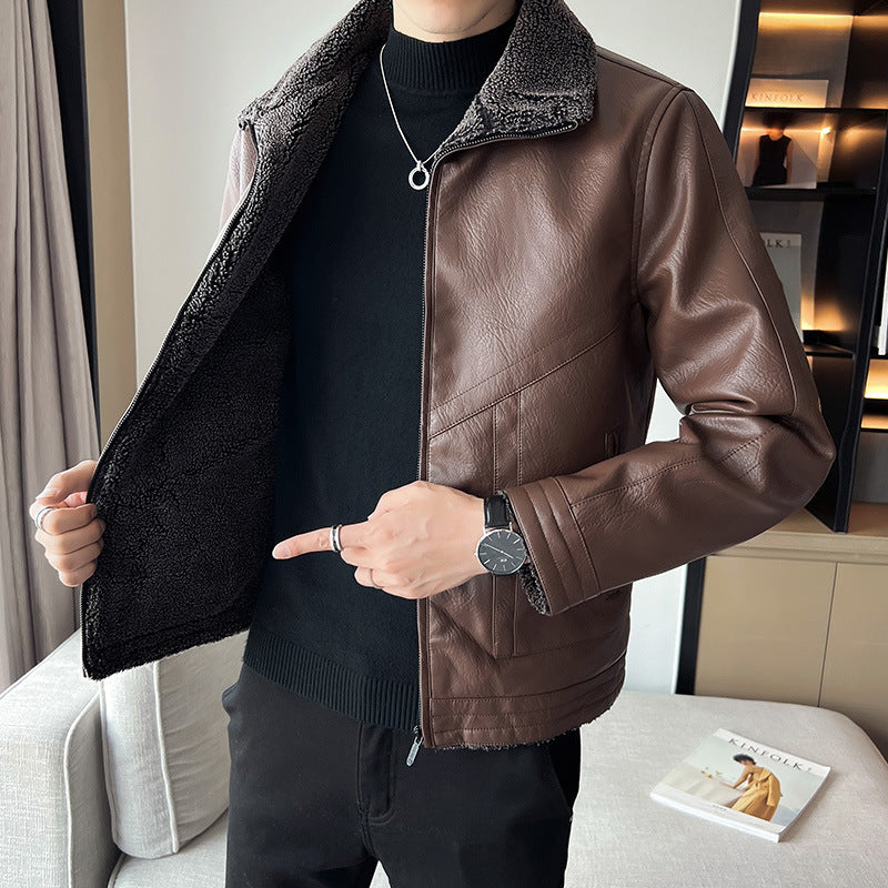 Hong Kong Style Velvet Padded Plus Size Men’s Leather Jacket | FioraFashion